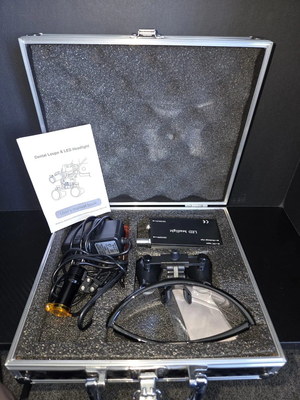 Dental 3.5X Binocular Loupes + 3W LED Head Light w/ Filter + Aluminum Box Black